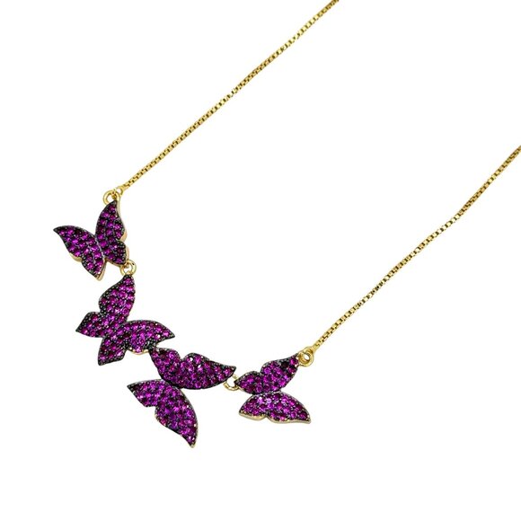 NWT Butterfly Cluster Pendant Necklace 18K Gold Plated Pink Swarovski Crystals - Picture 2 of 8